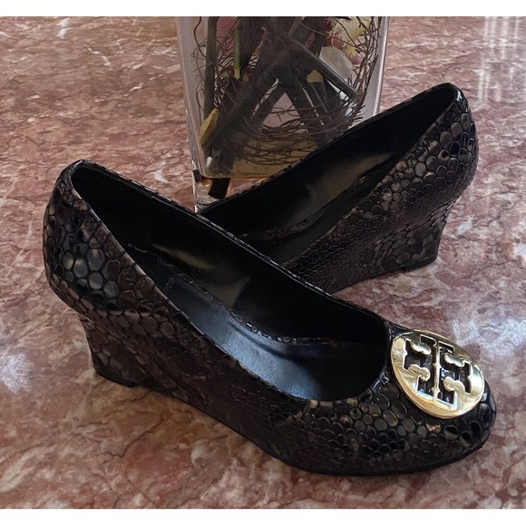 Tory Burch Shoes - Tory Burch Snakeskin Print Patent Leather Gold Logo Wedge Pump Size 7M EUC! $285